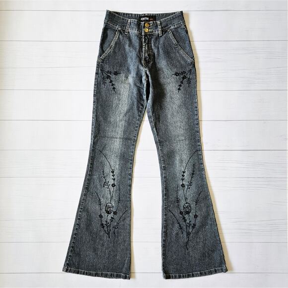Katia Jeans Denim - Euro Y2k Jeans Flared Whimsigoth Gray Butterfly Embroidered Sequin - Size Small